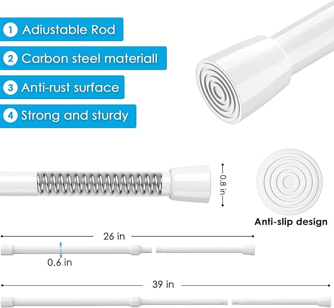MEXAU 3Pcs Tension Curtain Rod, white Tension Rod 26-39 inch, Spring Tension Curtain Rod No Drilling, Spring Tension Window Rod Small Tension Rod for Kitchen, Bathroom, Window, Closet
