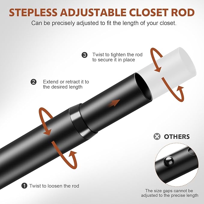 Closet Rods for Hanging Clothes, 17-70 Inch Stepless Adjustable Closet Rod, 1.3 Inch Heavy Duty Metal Clothes Hanging Rod, Expandable Closet Bar Hanger Rod Black for Closet Wardrobes Laundry RV