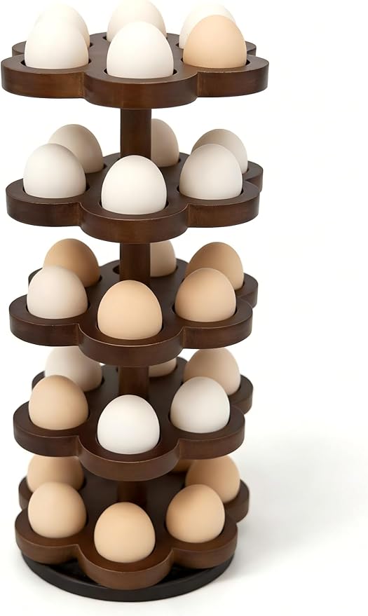 Wooden Egg Holder Countertop 360° Rotating, Egg Rack for 30 Eggs, Spiral Egg Storage Organizer for Kitchen Counter, Farmhouse Fresh Chicken Egg Dispenser for Home, Family ,easter egg.(Brown)
