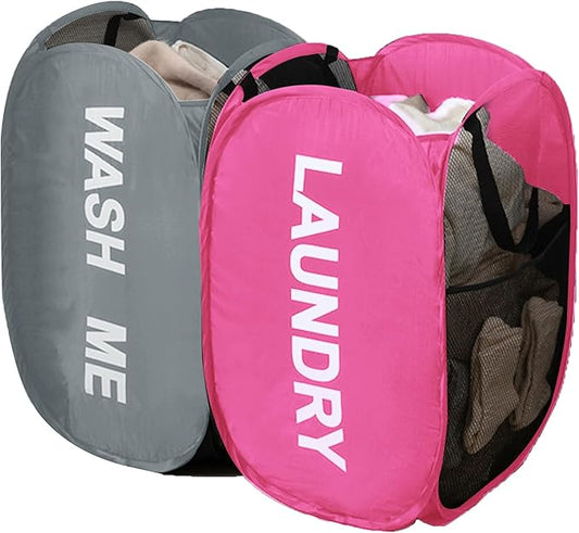 Pack of 2 Mesh Pop Up Hampers Collapsible Laundry Baskets for Dirty Clothes Storage With Side Pocket for Students, College Dorm, Apartment (Grey+Pink)