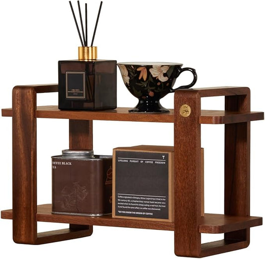 Coffee Station Organizer for Kitchen Walnut Wooden Countertop Mug Holder 2 Tier Wooden Cup Organizer Stand Shelf