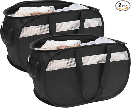 Collapsible Laundry Baskets, Foldable Tear Proof Pop Up Hamper with Reinforced Carry Handles, Durable Laundry Hamper for Home, Laundry, Bathroom, Dorm or Travel (Black, 2 Pack)