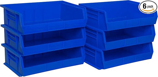 Akro-Mils 30255 AkroBins Plastic Storage Bins, Space-Saving Stackable Bins for Garage, Pantry, Craft Organization, 11" x 16" x 5", Blue, 6-Pack