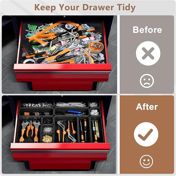 A-LuGei【XX-Large Size【5 Pcs】 Tool Box Organizer Tray Divider【Single Size】 Black Plastic Desk Drawer Organizer Garage Organization for Wrench Plier Hammer Bit Socket Extension Screwdriver Bolt Hex key