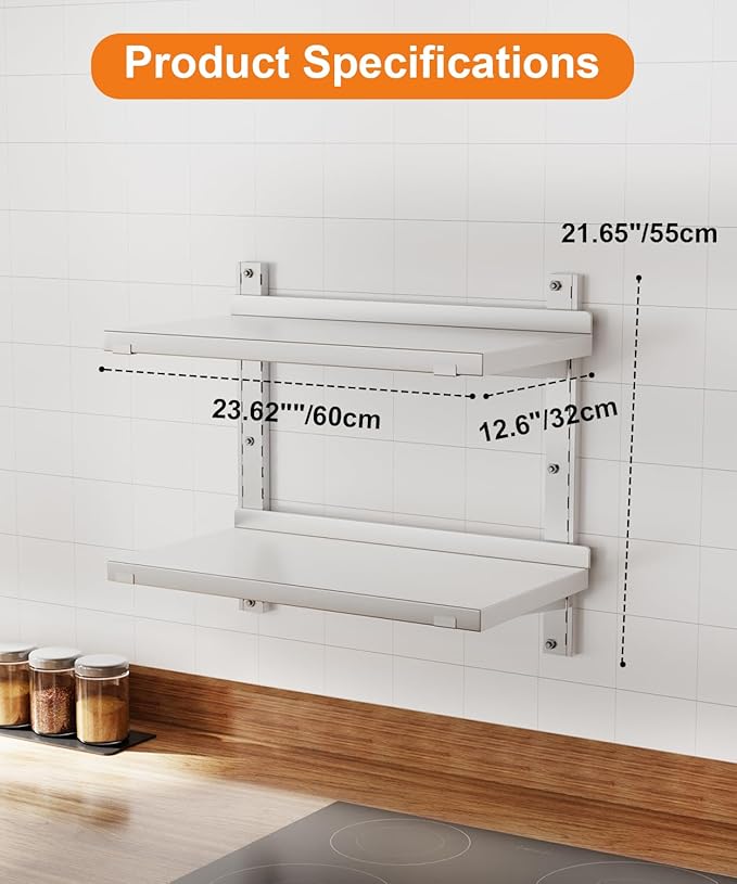 Stainless Steel Shelf, 23.6" x 12.6" Commercial Floating Wall Shelf with Brackets, 110Lb Capacity, Adjustable Double-Layer Metal Heavy Duty Storage Rack for Restaurant, Kitchen, Home, Bathroom