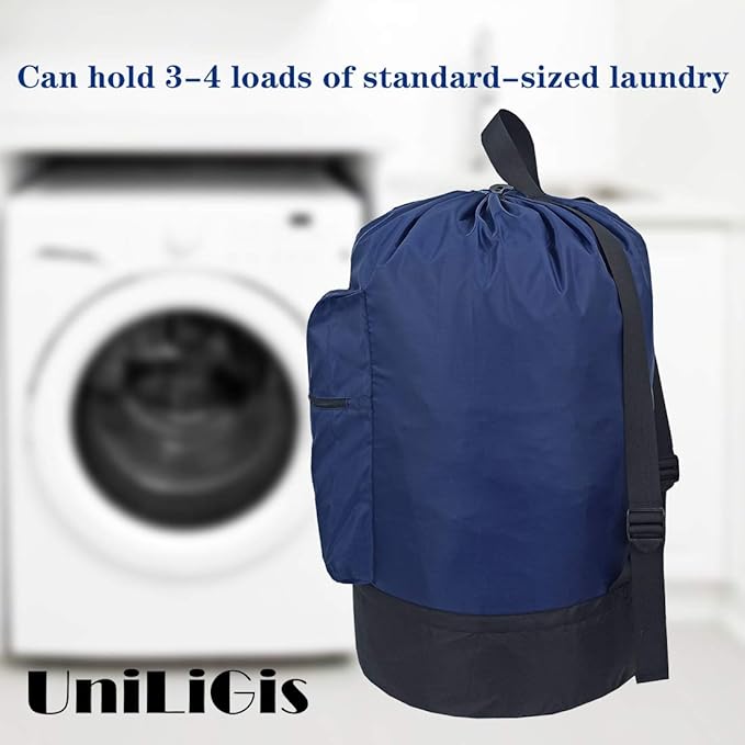 Washable Laundry Bag Backpack with Zipper Pocket, Heavy Duty Clothes Bag, 2 Strong Adjustable Shoulder Straps with Drawstring Closure for Travel, Camping or College, Navy Blue