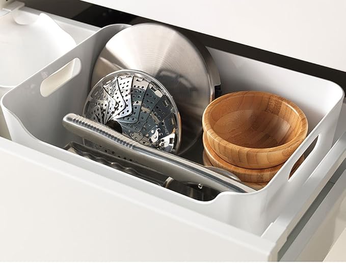 Pantry Organization And Storage Baskets, Open Storage Box Under Sink Organizers,Kitchen Cabinet and Pantry Storage Organizer Bin - two cut-out handles that make 9.4 x 6.7 x 4.3 Inches (White)