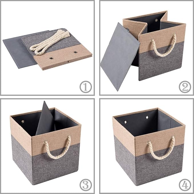 PRANDOM Large Foldable Cube Storage Bins 11x11 inch [4-Pack] Fabric Linen Storage Baskets Cubes Drawer with Cotton Handles Organizer for Shelves Nursery Closet Bedroom Khaki