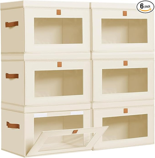 DIMJ Storage Bins with Lids - 6 Pack Large Fabric Closet Organizer with Window & Handles, Collapsible Decorative Storage Boxes for Shelves Under Bed, Books Clothes Blankets Sweaters Organization