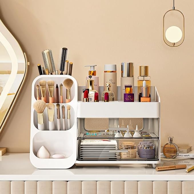 Booklov Makeup Organizer for Vanity, Large Capacity Cosmetic Display Case with Clear Acrylic Drawer, Countertop Beauty Storage Holder for Skincare, Brush Eyeshadow Lipstick Counter Desk, Crystal White