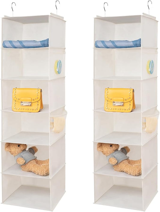 BrilliantJo 6 Shelves Hanging Closet Organizer, 2 Pack Hanging Storage with 4 Side Pockets for Clothes Shoes, 43.5"x12"x12"(Beige)