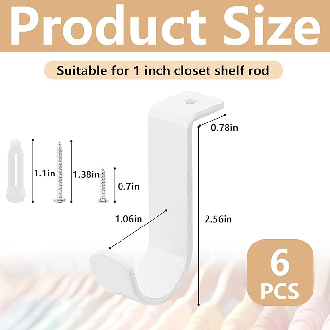 moonoom 6 Pack Heavy Duty Metal Closet Rod Brackets, White, Wall Mount, 1 Inch Diameter, Suitable for Living Room, Kitchen, Garden, Bathroom