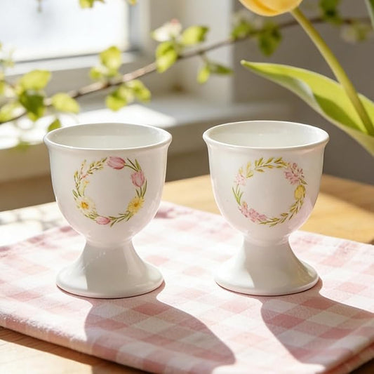 Cinf Ceramic Egg Cup Set of 2 Porcelain Holder Breakfast Boiled Cooking Easy to Clean Childhood Memories Kitchen(Floral)