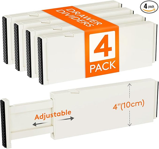 Lifewit 4 Pack 4" High Drawer Dividers 28-43.5cm/11-17" Adjustable Drawer Organizer for Clothes/Utensils, Expandable Drawer Separator in Dresser/Kitchen/Bedroom/Office Organization & Storage Beige