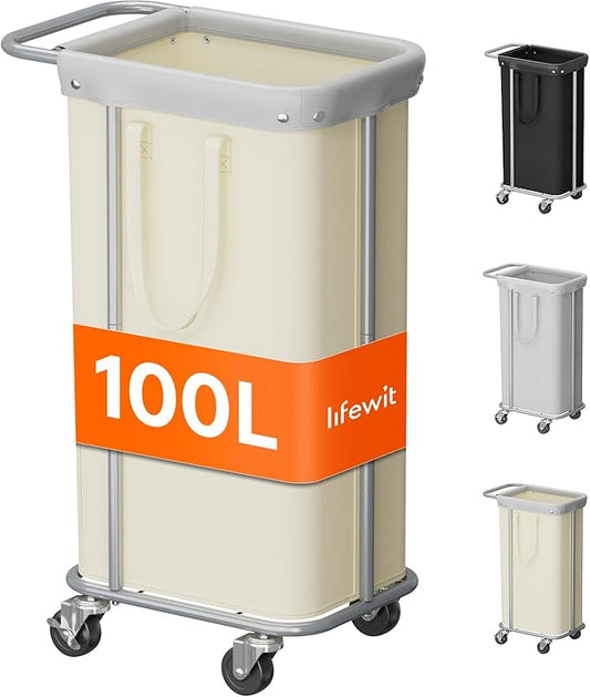 Lifewit 100L Large Laundry Basket with Wheels, Tall 1 Section Laundry Hamper Organizer, Rolling Laundry Cart with Steel Frame & Removable Bag for Luandry Room Bathroom Bedroom, White