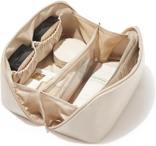 EACHY Travel Makeup Bag, Large Capacity Cosmetic Bag for Women, Waterproof PU Leather, Flat Open Portable Toiletry Bag for Skincare, Brushes & Travel Essentials