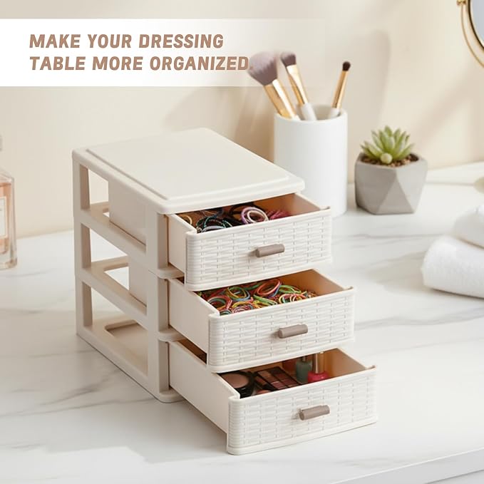 Small Storage Desk Wicker Weave Drawer 3 Drawers Plastic Storage Mini Plastic Weave Drawer Unit with Pull Handles Desk Organizer for Office Supplies Craft Countertop Makeup Bathroom(White)