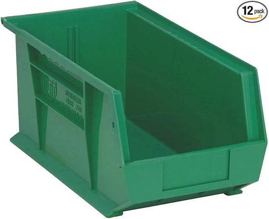 Quantum Storage QUS240 Heavy-Duty Stackable Plastic Storage Bins for Workshop, Warehouse & Garage, Ultra Stack & Hang, 14-3/4" x 8-1/4" x 7", Green, 12-Pack