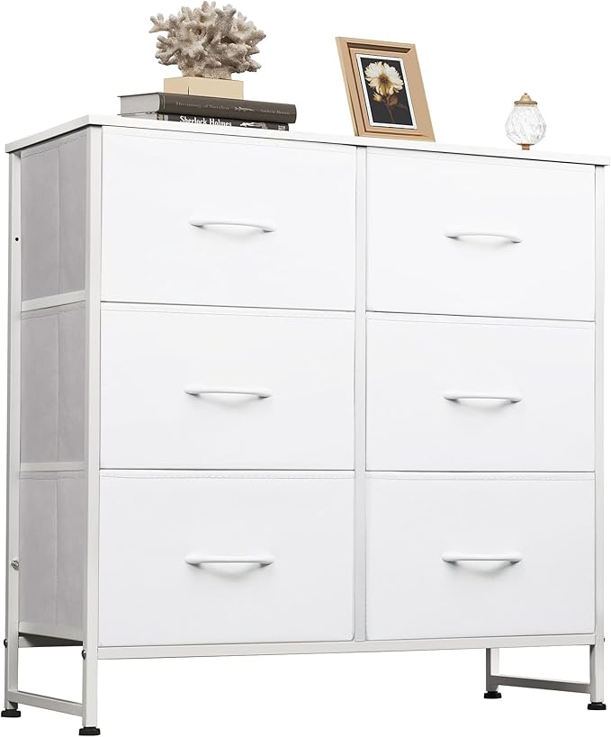 WLIVE White Dresser for Bedroom with 6 Fabric Drawers, Closet Dresser with Metal Frame, Wooden Top, Chest of Drawers for Closet, Living Room, Hallway