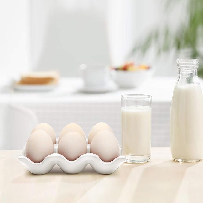 Flexzion Ceramic Egg Holder for Fridge - 6 Cups Egg Tray Half Dozen Porcelain Container Keeper Storage Organizer Decorative Serving Dish Serveware for Refrigerator Countertop Display Kitchen (White)
