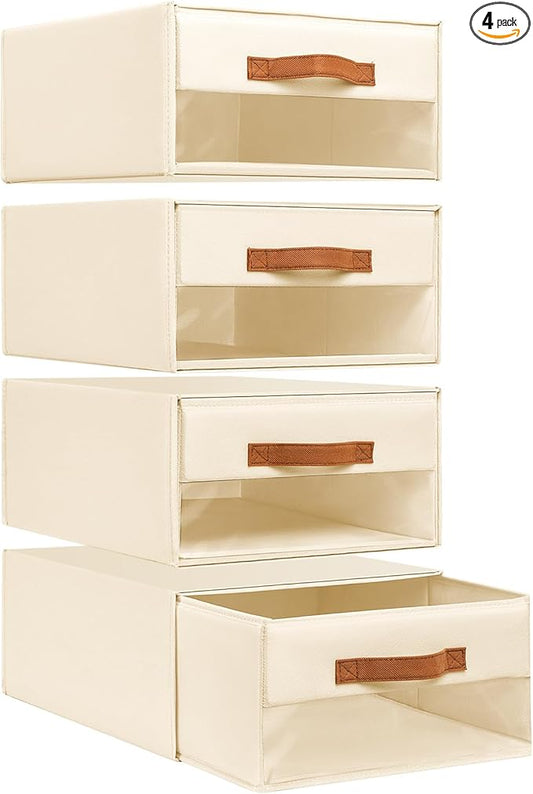 DIMJ Closet Organizers and Storage - Fabric Bins with Drawers for Closet Foldable Clothes Organizers with Clear Window, Stackable Storage Drawers for Bedroom, Living Room, 4-Pack, Beige