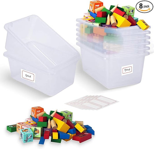 8 PACK Clear Cubby Bins without Lid, Classroom Storage Book Bins Toy Storage Organizer Small - Sturdy, Plastic Multi-Purpose Baskets Containers for Home Office School, Nursery, Playroom