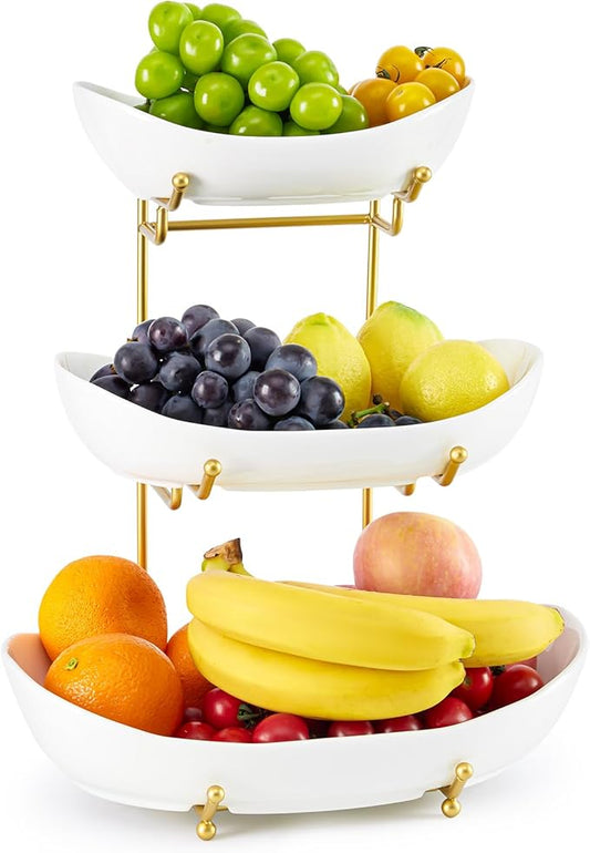 Ceramic Fruit Bowl for Kitchen Counter - 3 Tier Fruit Basket with Metal Stand, Tiered Fruit Stand for Countertop, Snack, Nuts, Cake, Dessert, Cute (Gold, Large)