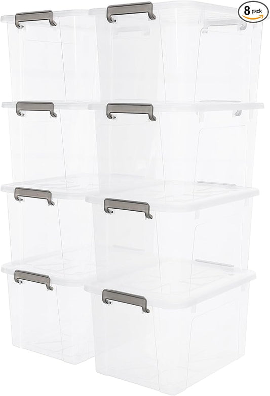 Citylife 44.4 QT Plastic Storage Bins with Latching Lids Stackable Storage Containers for Organizing Large Clear Storage Box for Garage, Closet, Kitchen, 8 Packs