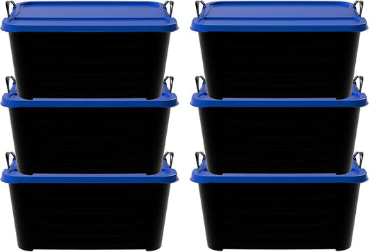 Life Story 6 Pack Heavy Duty Stackable Storage Bin, 55 Quart Home Organizer, Versatile Lightweight Locking Bins with Carrying Handles, Black/Blue