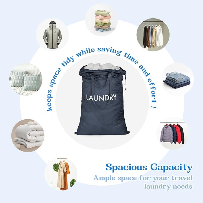 Heavy Duty Laundry Bag, Washable Nylon, Splash-Resistant Dirty Clothes Storage Bag with Drawstring & Handles丨Lightweight, Foldable & Space-Saving for College Dorm, Camping, Trips, Cruise, 50L,Navy