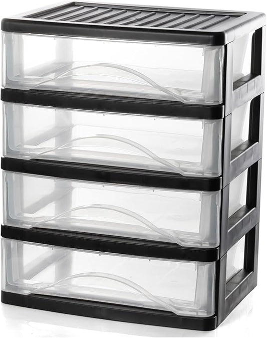 BYCY 4-Drawer Clear Stacking Desktop Organizer for Office Supplies Small Business Organization, Stackable Storage Drawers Plastic Storage Bins For Kitchen Cabinets, Pantry, Home Organization
