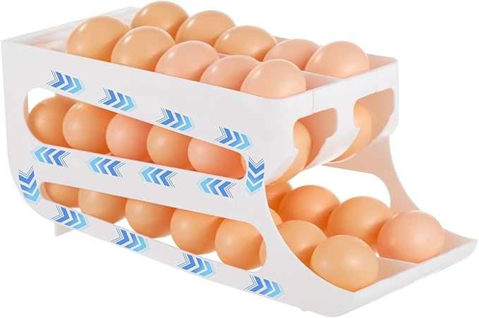 Egg Holder for Fridge, Automatic Rolling Egg Dispenser, Tilted Egg Storage Rack, 3-Tier Auto-Rolling Slope Egg Organizer, Holds about 40 Eggs, Space-saving Egg Storage for Refrigerator, Countertop