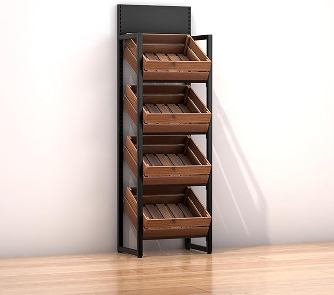 3/4 Tier Fruits & Vegetables Kitchen Shelf Rack Display,Retail Snack Stand, Large Solid Wood Floor Multi-layer Storage Frame for Commercial Supermarket(C-4 Tier)