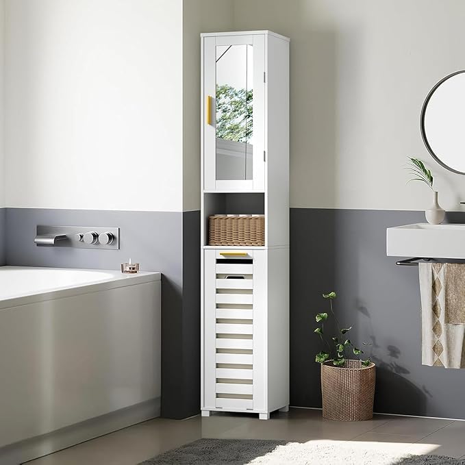VECELO 66'' Tall Tilt Out Laundry Hamper Cabinet, Hidden Laundry Hamper with Removable Storage Basket, Open Shelf and Mirror, for Laundry Room Bathroom, White