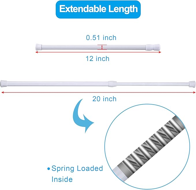 SIQUK 6 Pack Cupboard Bars Adjustable Spring Tension Rods White Refrigerator Bar Extendable Rod for DIY Projects, 12 to 20 Inches