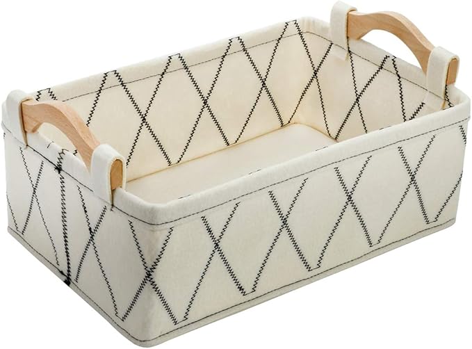 Small Storage Baskets Toy Storage Organizer Rectangle Basket Empty Gift Baskets Shelf Baskets Decorative Storage Basket With Wooden Handles for Keys Makeups Remotes Books