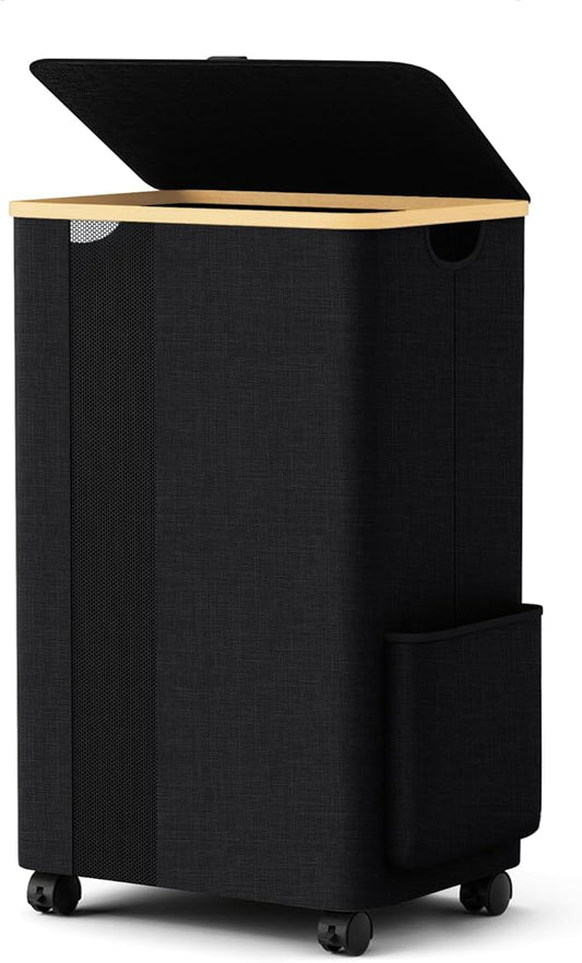 BlissTotes Laundry Basket Laundry Hamper with Lid, Collapsible Slim Laundry Hampers, Laundry Bin, Clothes Hamper Basket with Internal Support & Wheels & Handles for Bathroom, Bedroom (75L, Black)