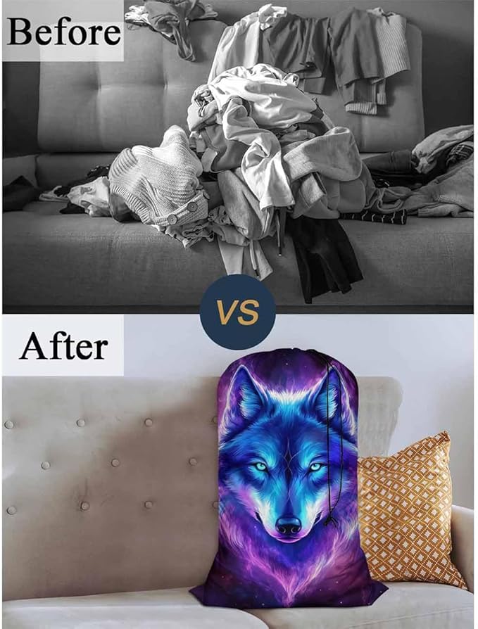 Swono Galaxy Wolf Drawstring Closure Dirty Clothes Bag Organizer, Heavy Duty Large Laundry Bag, Starry Sky Stars Constellation Outer Space Bags for Camp Travel, Machine Washable, Magical Purple