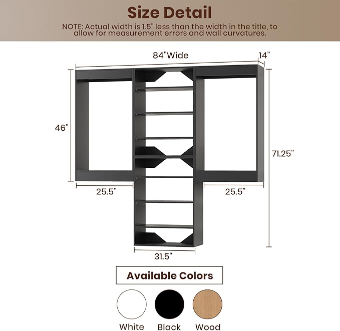 ROOMTEC Modular Closet System, 84" Wall-Mounted Closet Organizer with Hanging Rods and Shelves, Wooden Tower for Walk-In Closets, Wardrobe Storage Kit, Black