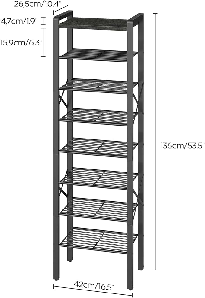 YATINEY 8-Tier Narrow Shoe Rack, Tall Shoe Rack for 8-16 Pairs, Slim Shoe Storage Organizer with Wooden Top, Space Saving, Metal Frame, for Entryway, Charcoal and Black SS608BC