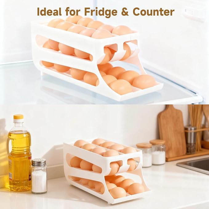 Egg Holder for Fridge, Automatic Rolling Egg Dispenser, Tilted Egg Storage Rack, 3-Tier Auto-Rolling Slope Egg Organizer, Holds about 40 Eggs, Space-saving Egg Storage for Refrigerator, Countertop