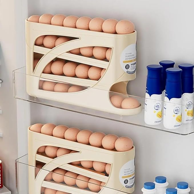 4 Tiers Egg Holder for Fridge， Automatic Egg Rolling Rack, 30 Eggs Storage Rack, Egg Distributor for Refrigerator, Egg Storage Rack for Kitchen (cream color)