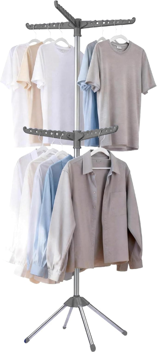 Beaudaily Clothes Drying Rack, Foldable 74.8-Inch Laundry Drying Rack, Indoor 2 Tier Drying Rack Clothing with Rotatable Arms, Stainless Steel, Holds 54 Pieces, Space Saving, Grey and Silver