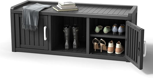 EasyUp Shoe Bench Waterproof,Resin Shoe Cabinet,Outdoor Storage,Industrial Hallway Bench with Adjustable Shelves for Entryway,Living Room,Bedroom(Deep Black,Two-Door)