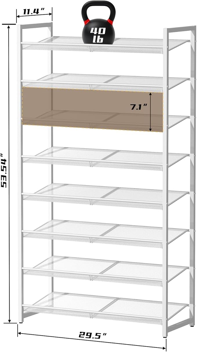 8-Tier Shoe Organizer, Tall Metal Shoe Rack for Closet Entryway Garage, Large Capacity Shoe Storage with Adjustable Flat, Holds 32-40 Pairs, White
