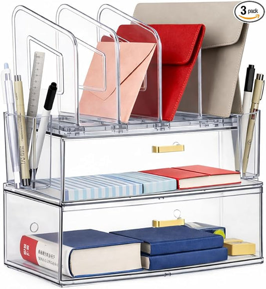 LALOBLUE Acrylic Desk Organizer with Drawer, Office Supplies,Organization Storage, 2 PC Drawer Organizer with 4 File Sorter, Desk Organizers and Accessories, Clear Acrylic File Organizer