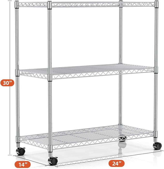 Simple Deluxe 3-Tier Heavy Duty Storage Shelves 750Lb Capacity, 24.02" D x 13.78" W x 29.92" H Adjustable Shelving Unit with Wheels, Chrome