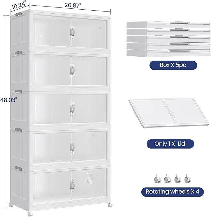 75Gal/300QT 5-Tiers Extra Large Stackable Storage Bins with Lid, Collapsible Cabinet Closet Organizer Plastic Container Box with Wheels Doors Drawers for Office Dorm Kitchen, White