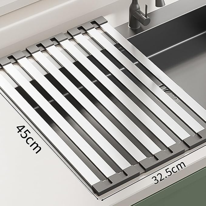 Stainless Steel Roll Up Dish Drying Rack, Over Sink Foldable Kitchen Mat, 45cm x 32.5cm Rollable Sink Drainer, Space-Saving Design (17.72" H x 12.8" W)
