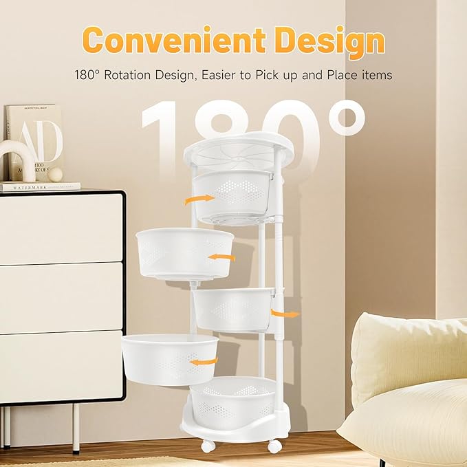 5 Tier Rotating Kitchen Storage Basket Rack Storage Shelf Cart Fruit Vegetable Organizer with Casters Rolling Multi-Layer Round Bin Storage Space Saver for Home Household Grocery